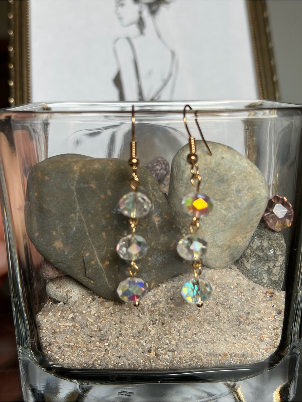 Gold Hook Earrings with Iridescent Crystal Beads - Clear